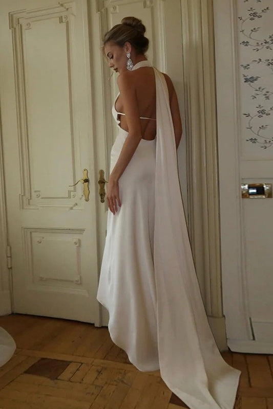 Halter Sash Open Back Reception Dress