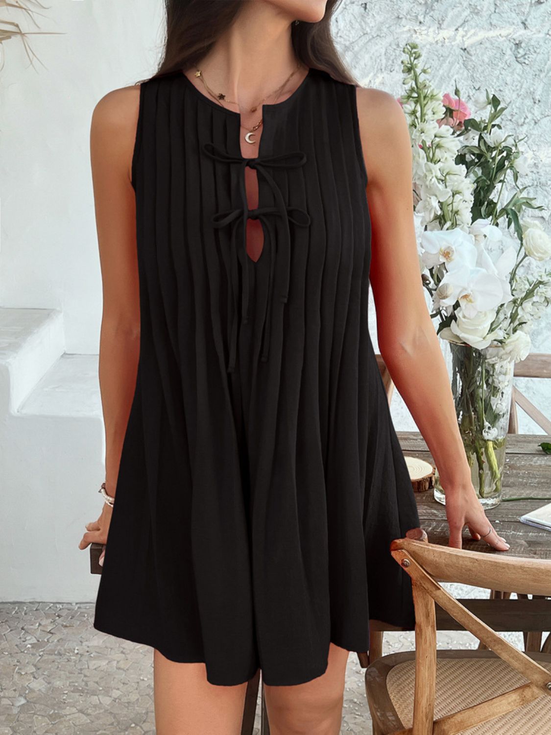 Pintuck Pleated Tie Front Keyhole Sleeveless Shift Mini Dress 11