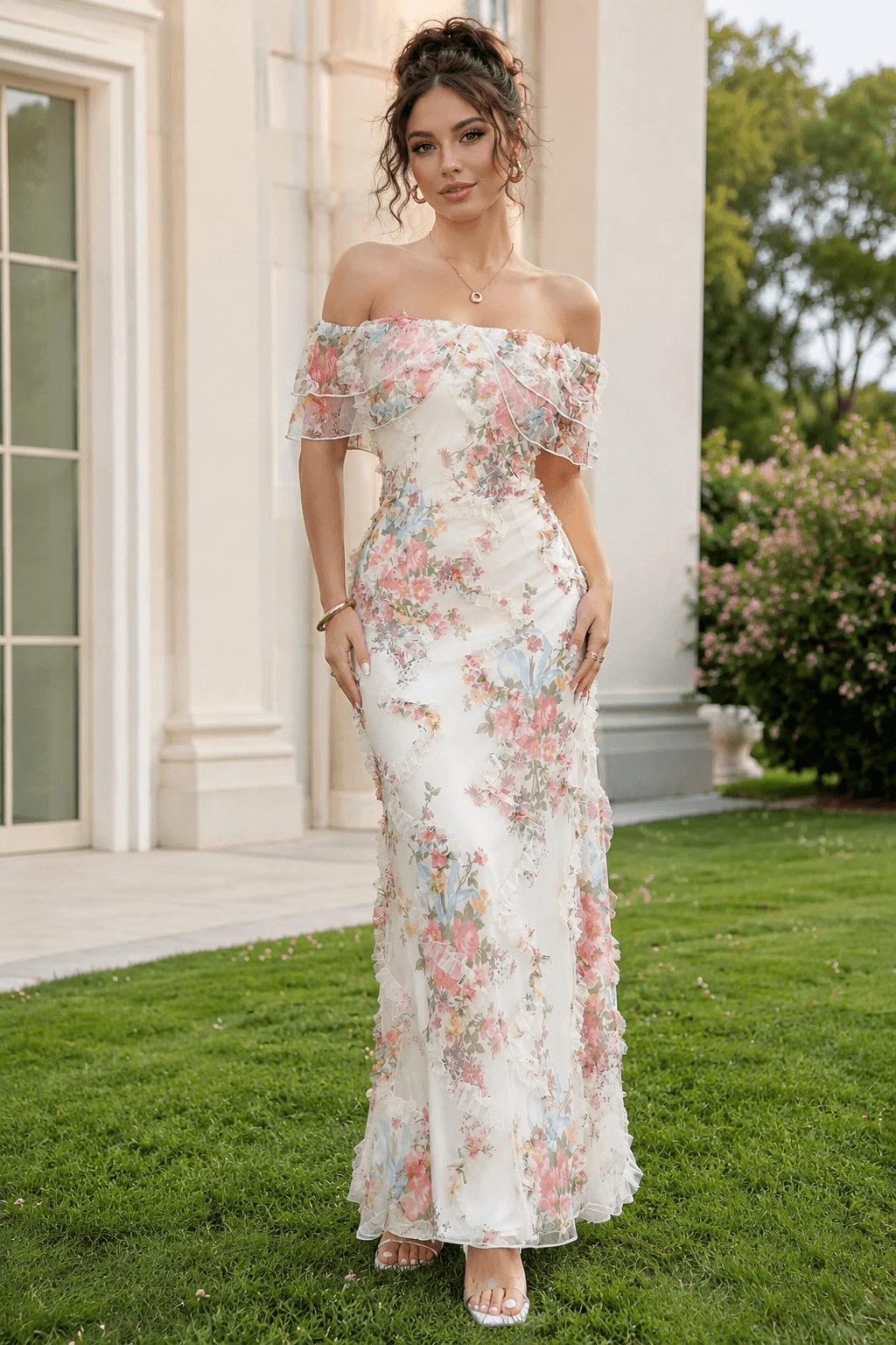 Off Shoulder Bodycon Long Print Floral Dress