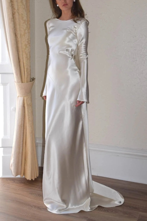 Satin Cowl Back Long Flare Sleeve Maxi Gown with Train 2