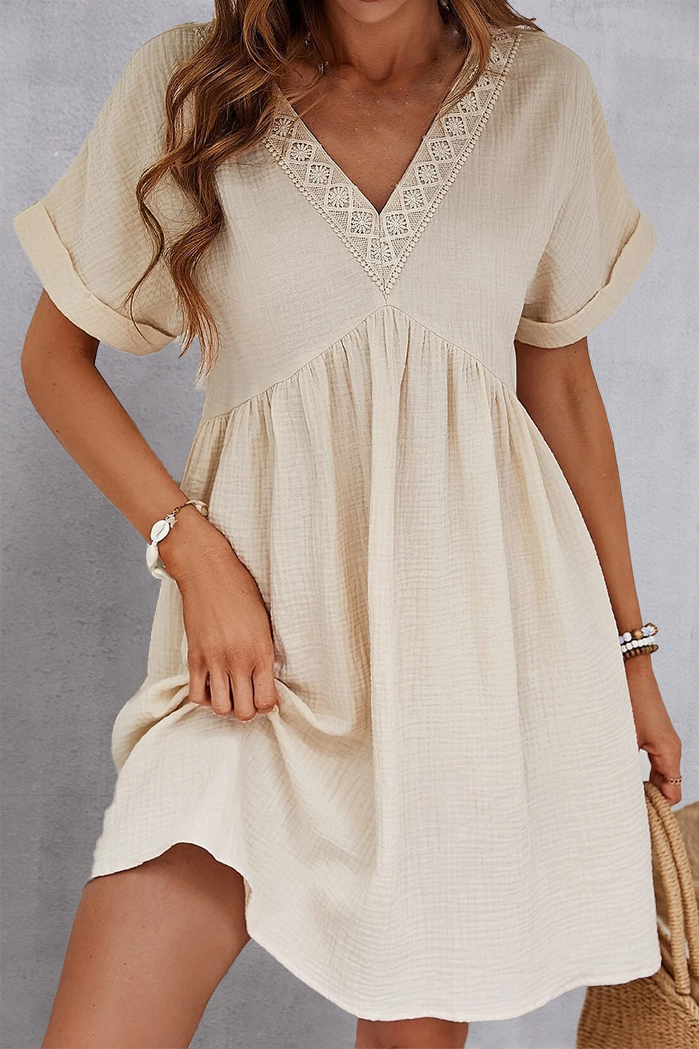 V-Neck Short Sleeve Dress Cream