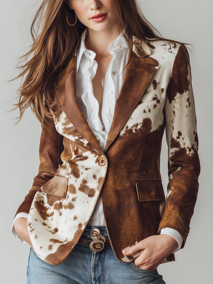 Cow Print Notch Lapel Single Button Blazer