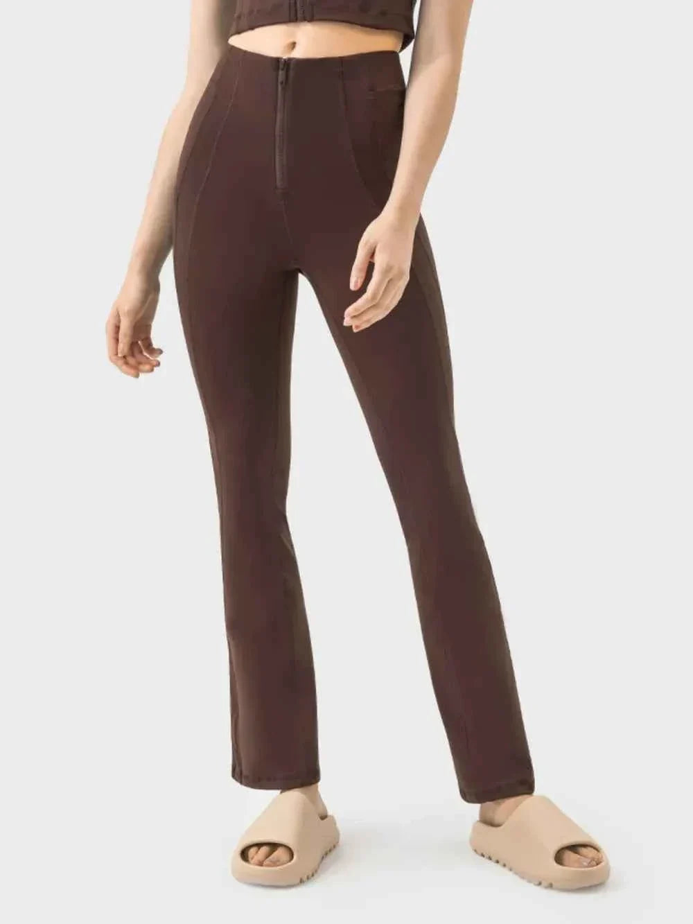 High Waist Zip Front Seam Detail Flare Active Pants 9