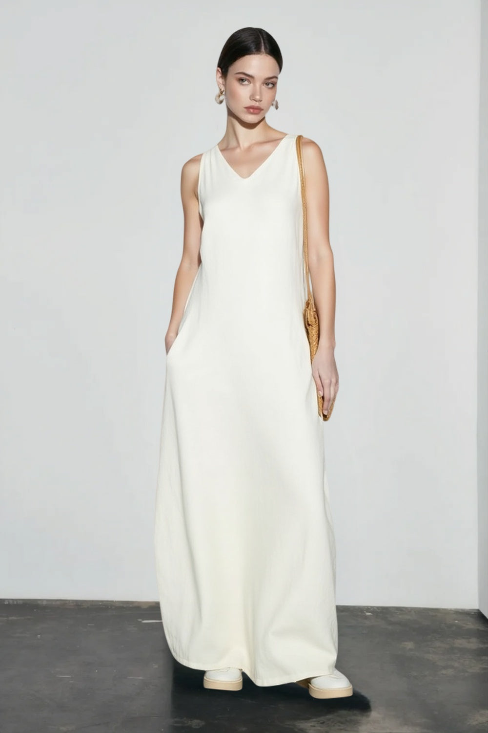 V Neck Linen Blend Sleeveless Vacation Dress