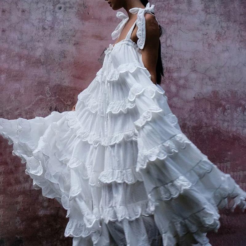Spaghetti Strap Tiered Ruffle Scallop Embroidered Low Back Maxi Dress