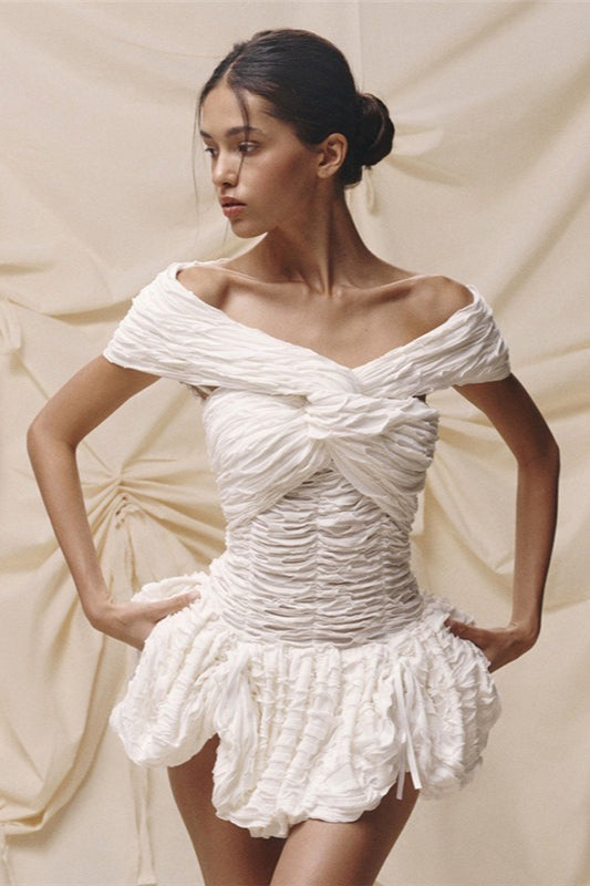 Off Shoulder Ruched Twist Front Ruffle Bow Mini Party Dress