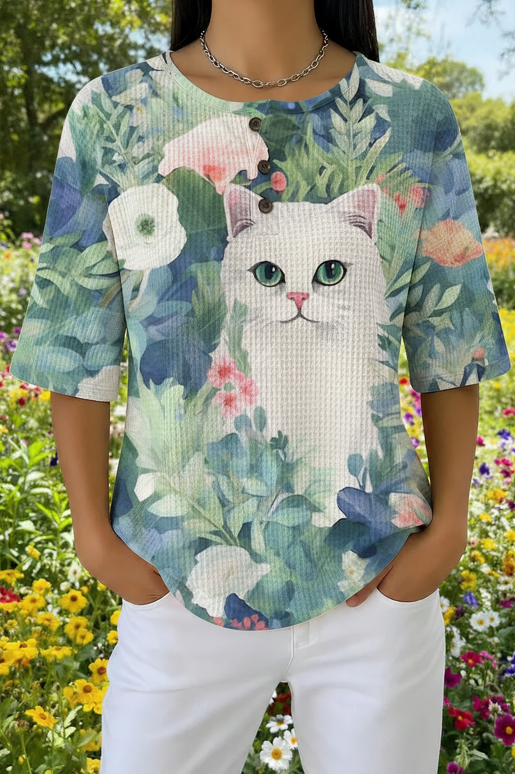 Womens Light Blue Tropical Floral Cat Print Casual Shirt