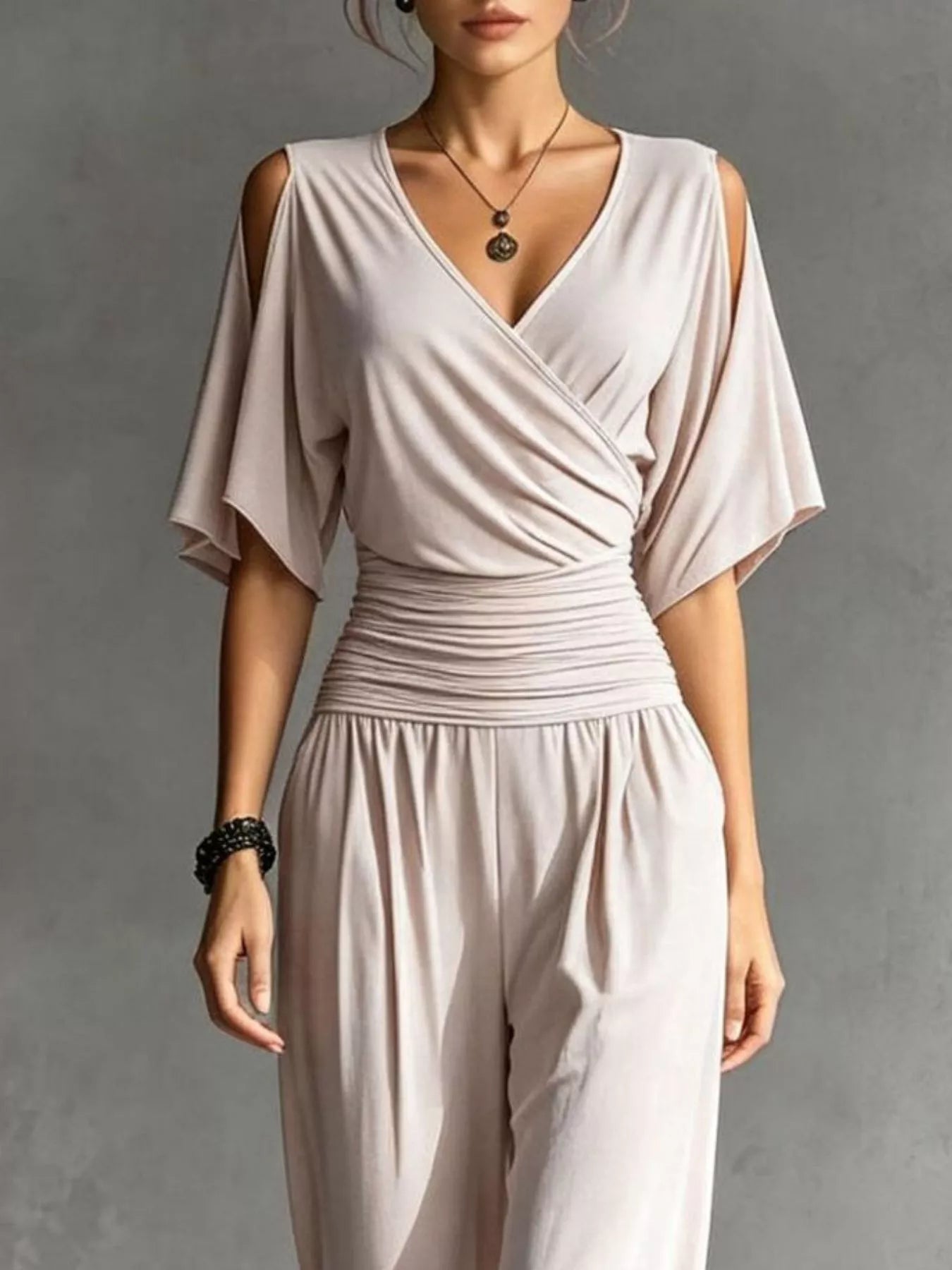 Cold Shoulder Ruched Waist Wide-Leg Jumpsuit