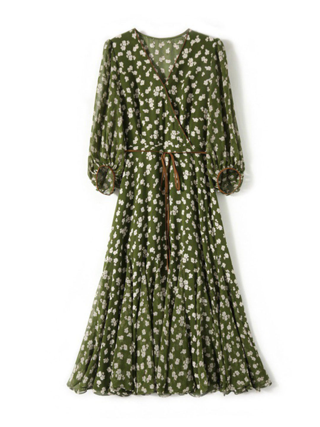 Floral Print Wrap V-Neck Puff Sleeve Tie Waist Dress