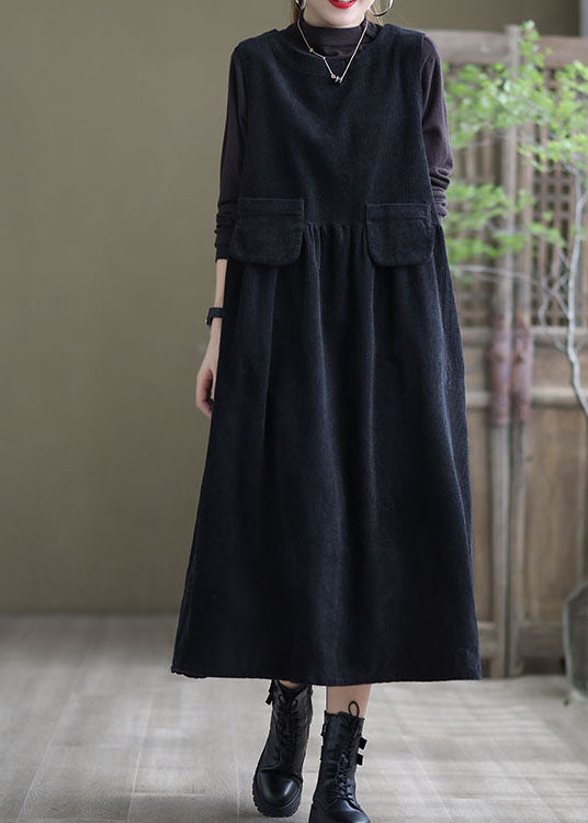 Corduroy Sleeveless Round Neck Flap Pocket Gathered Waist A-Line Midi Dress