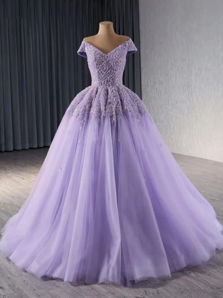 Shiny Off Shoulder Purple Sequins Beaded Long Tulle Quinceanera Dress Formal Ball Gown cc1964