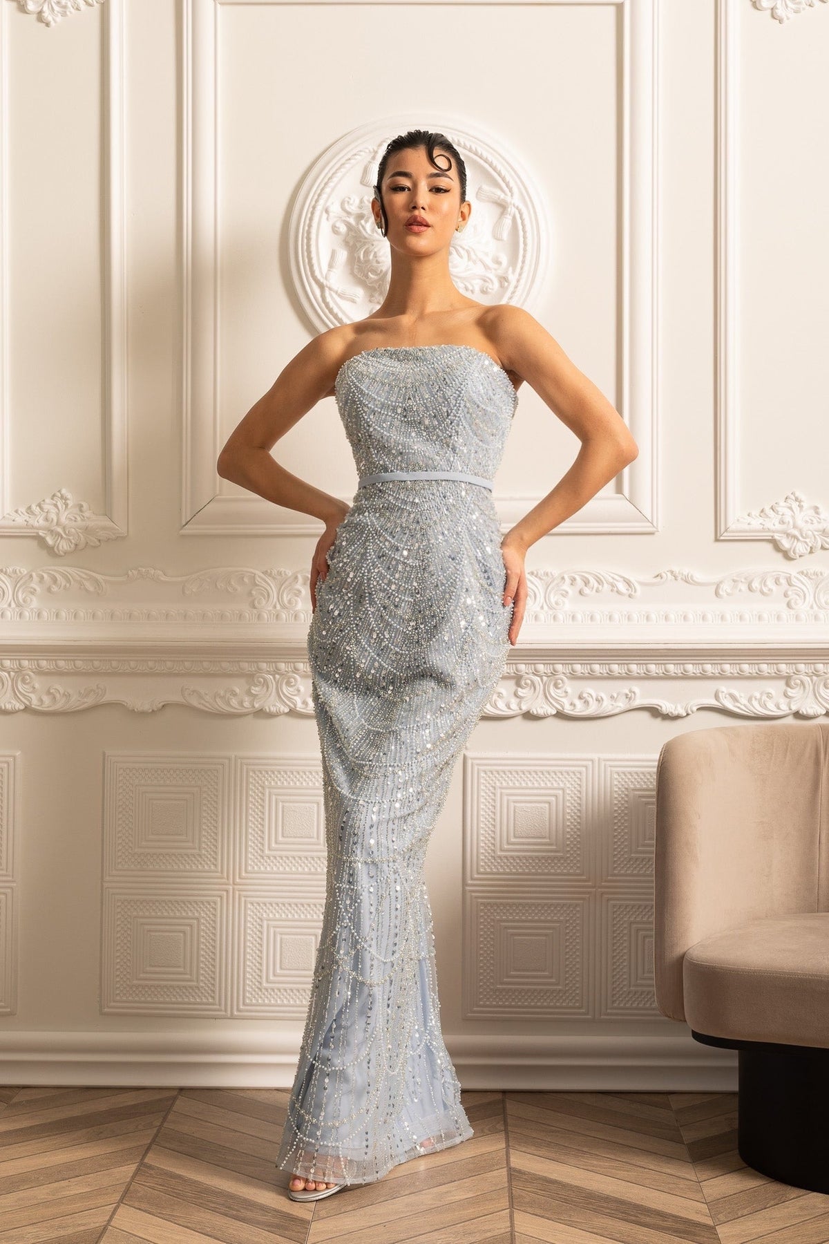 Pearl Chest Band Beaded Mesh Cape Overlay Column Maxi Gown - View 3