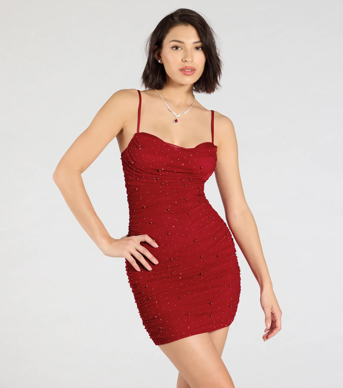 Pearl Embellished Mesh Cami Ruched Bodycon Mini Dress 16