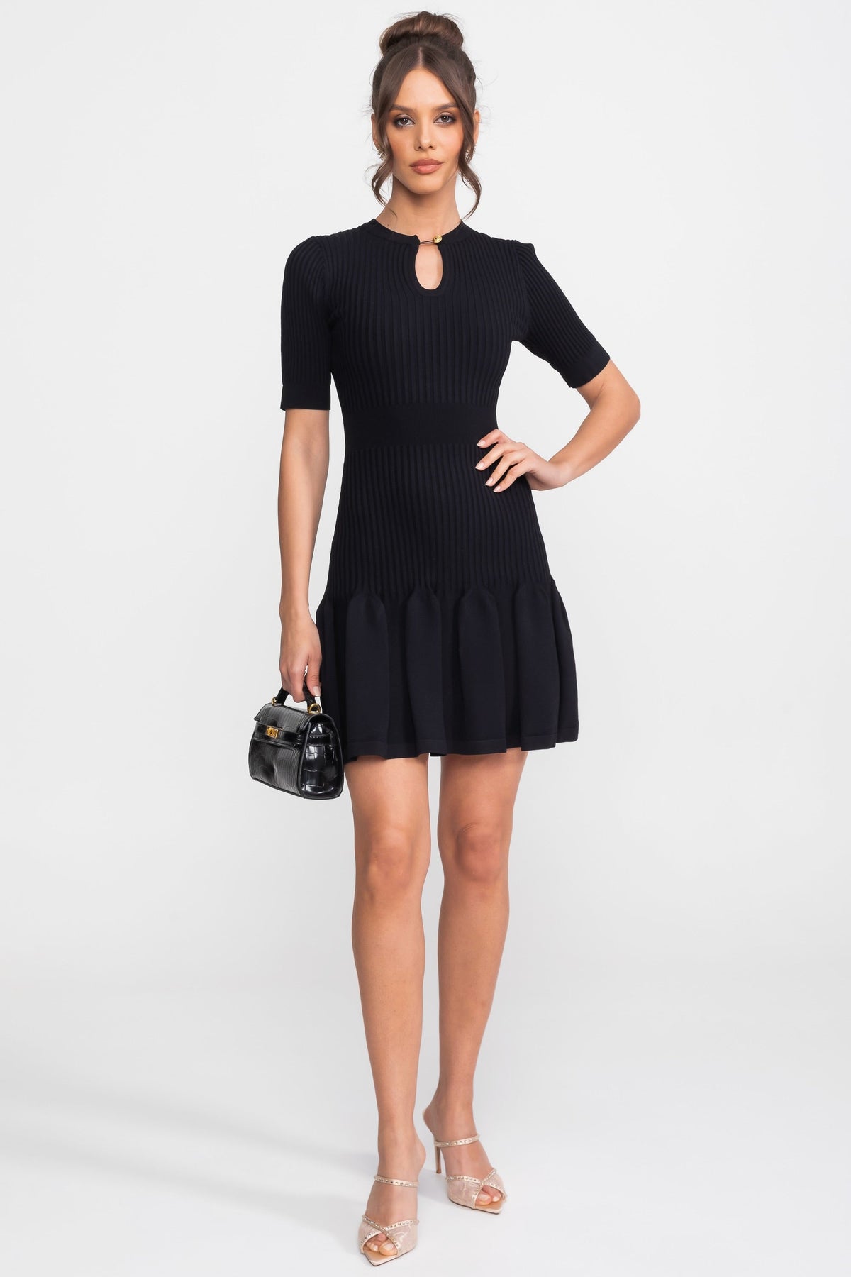 Ribbed Knit Keyhole Neck Short Sleeve Flounce Hem Mini Dress 2