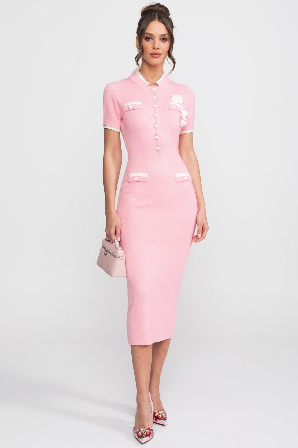 Short Sleeve Button Front Contrast Trim Flower Applique Knit Bodycon Midi Dress 4