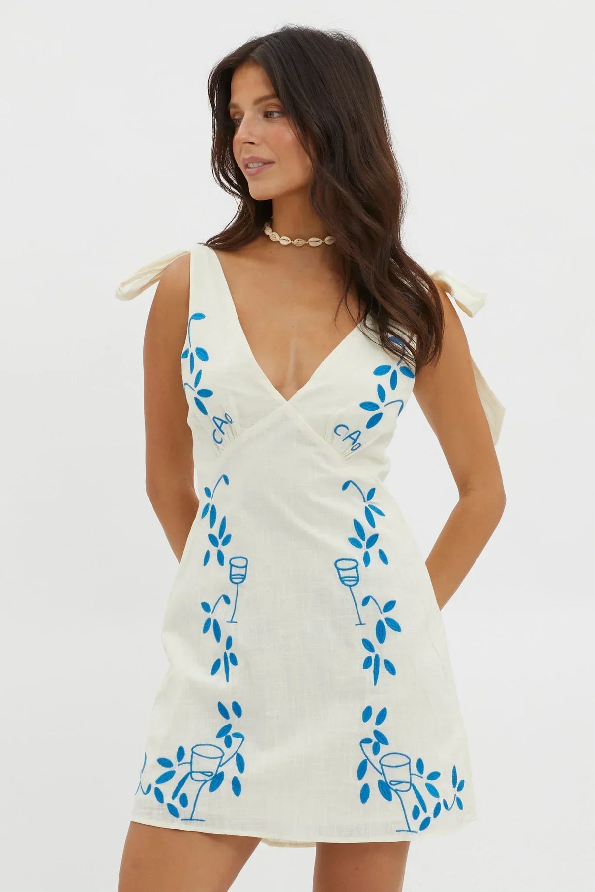Embroidered Deep V-Neck Tie Shoulder Sleeveless A-Line Mini Dress 5