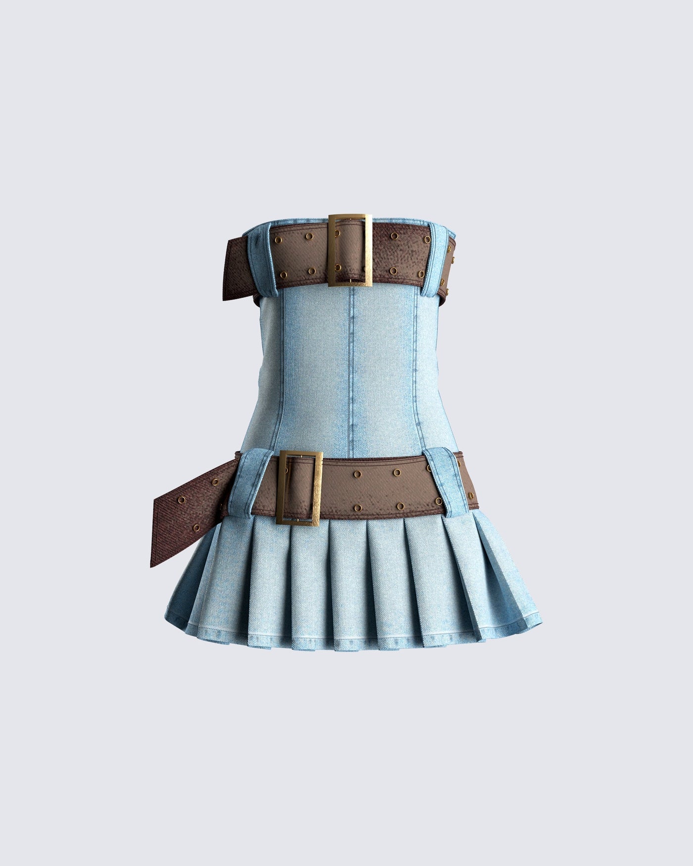 Strapless Buckle Belt Pleated Denim Mini Dress
