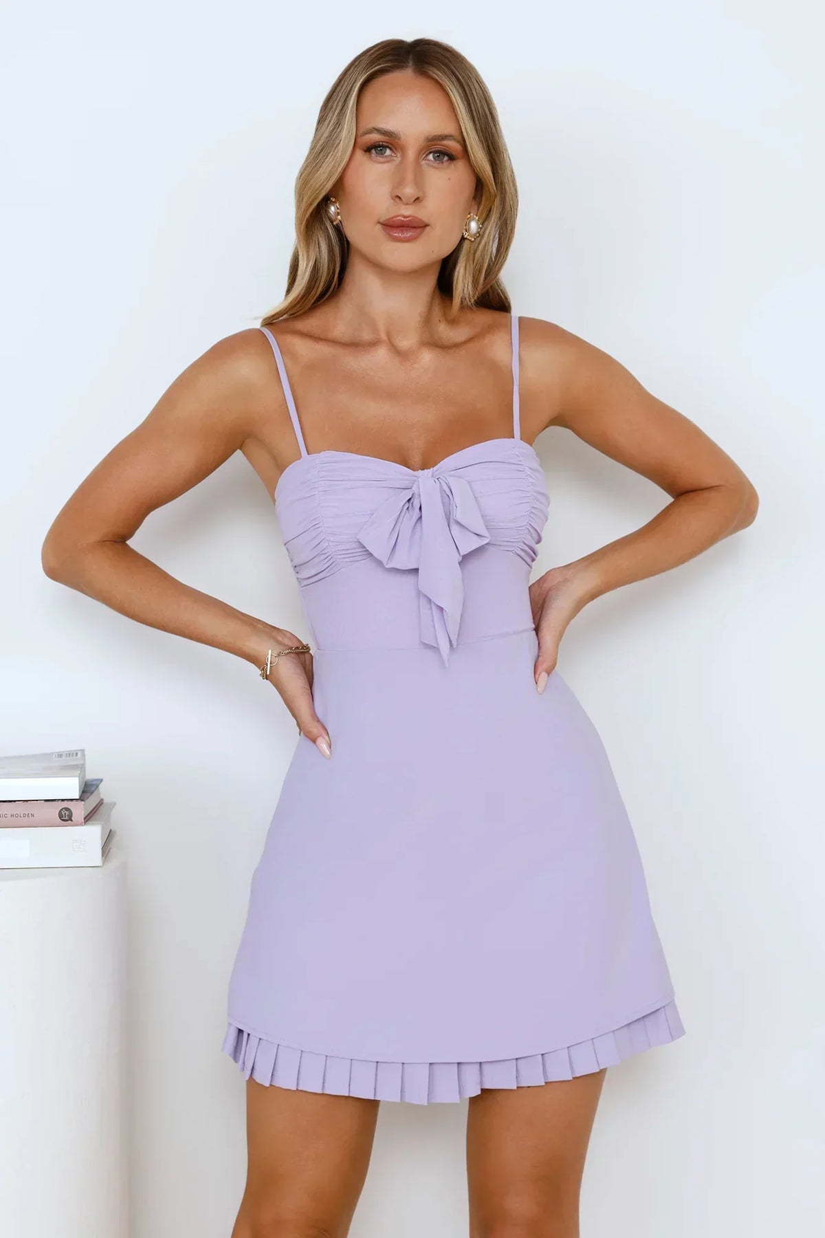 Ruched Bust Bow Front Spaghetti Strap Pleated Hem A-Line Mini Dress