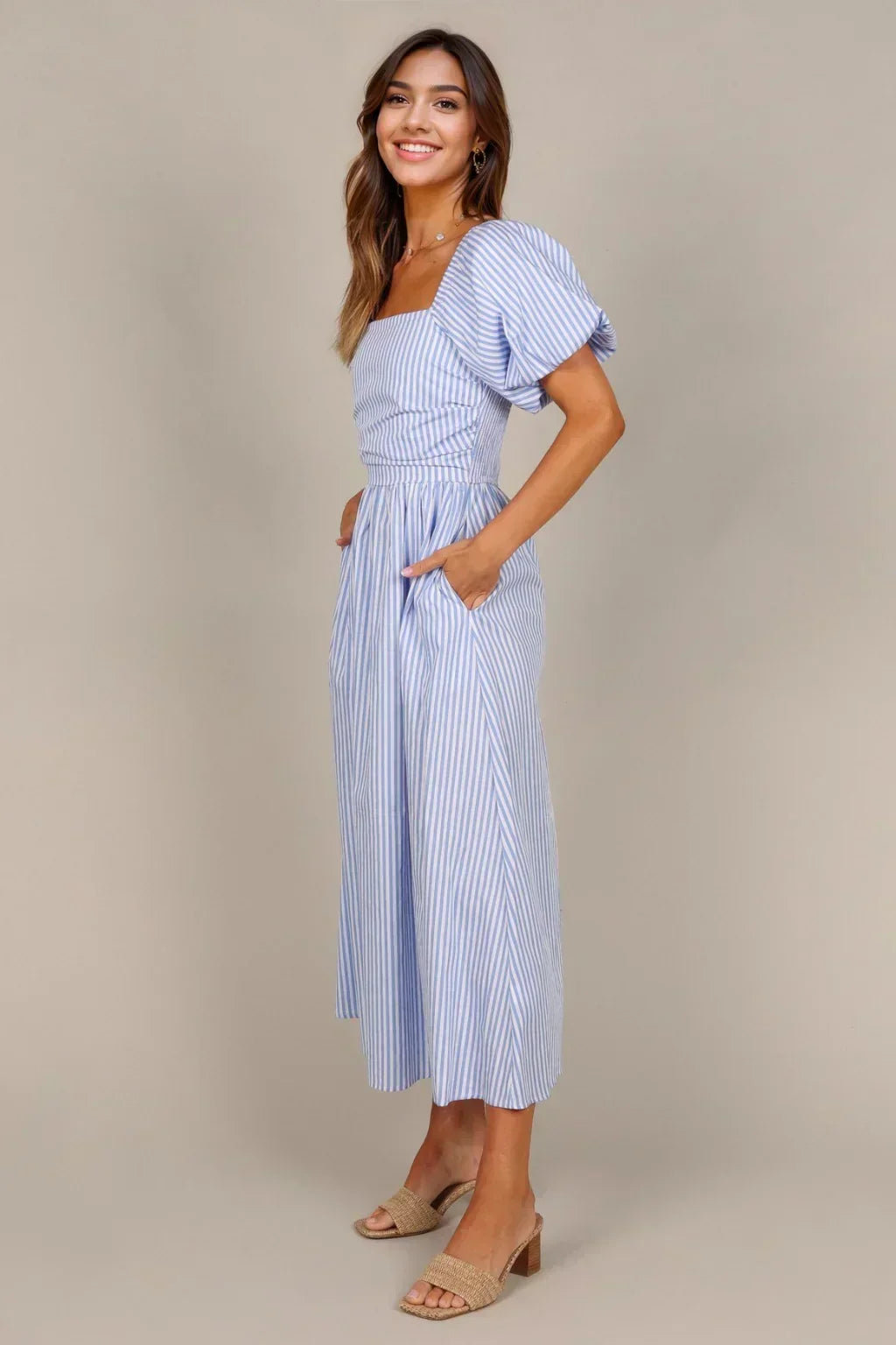 Striped Square Neck Puff Sleeve Pocket A-Line Midi Dress 2