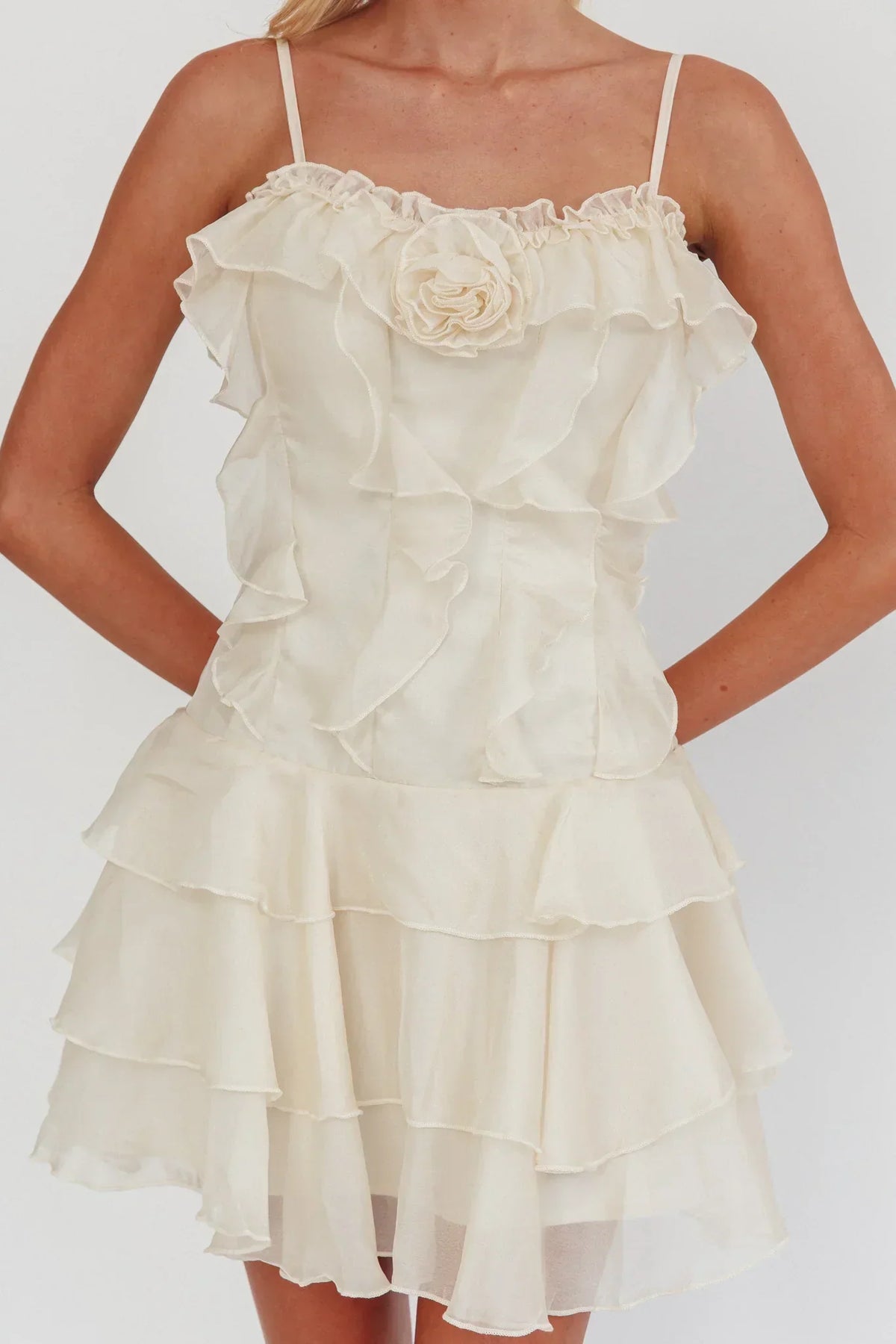 Rosette Ruffle Trim Cami Tiered Chiffon Mini Dress 3