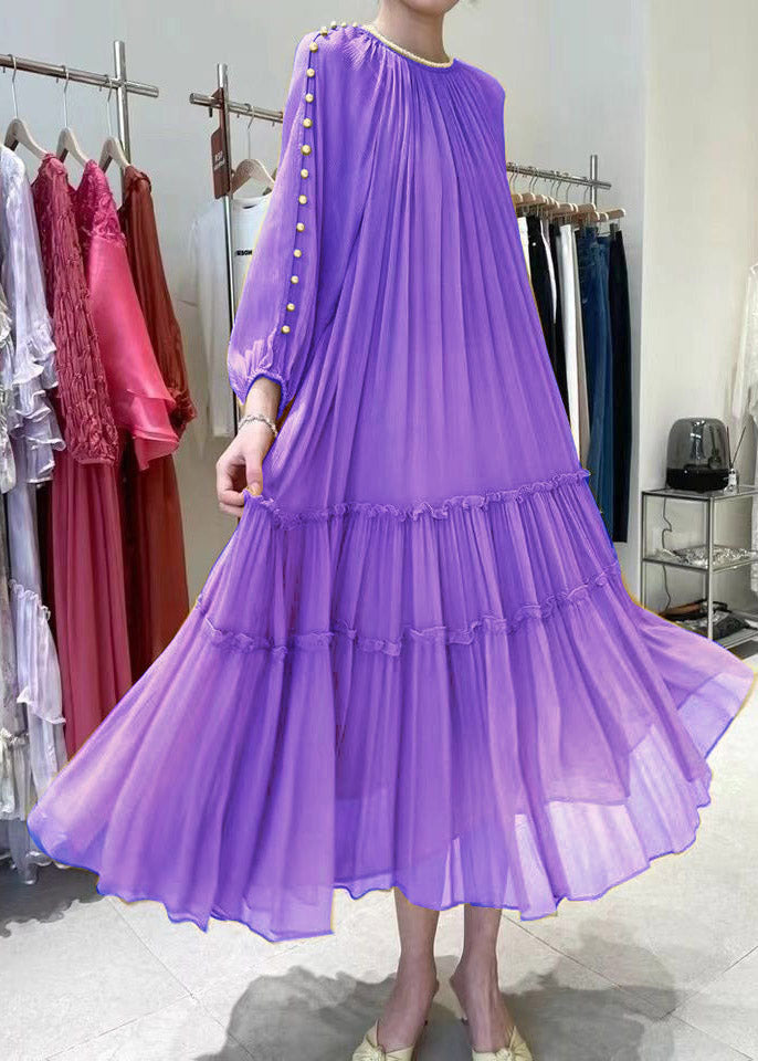 DIY Yellow O-Neck Nail bead Ruffled Silk Dress Long Sleeve 4
