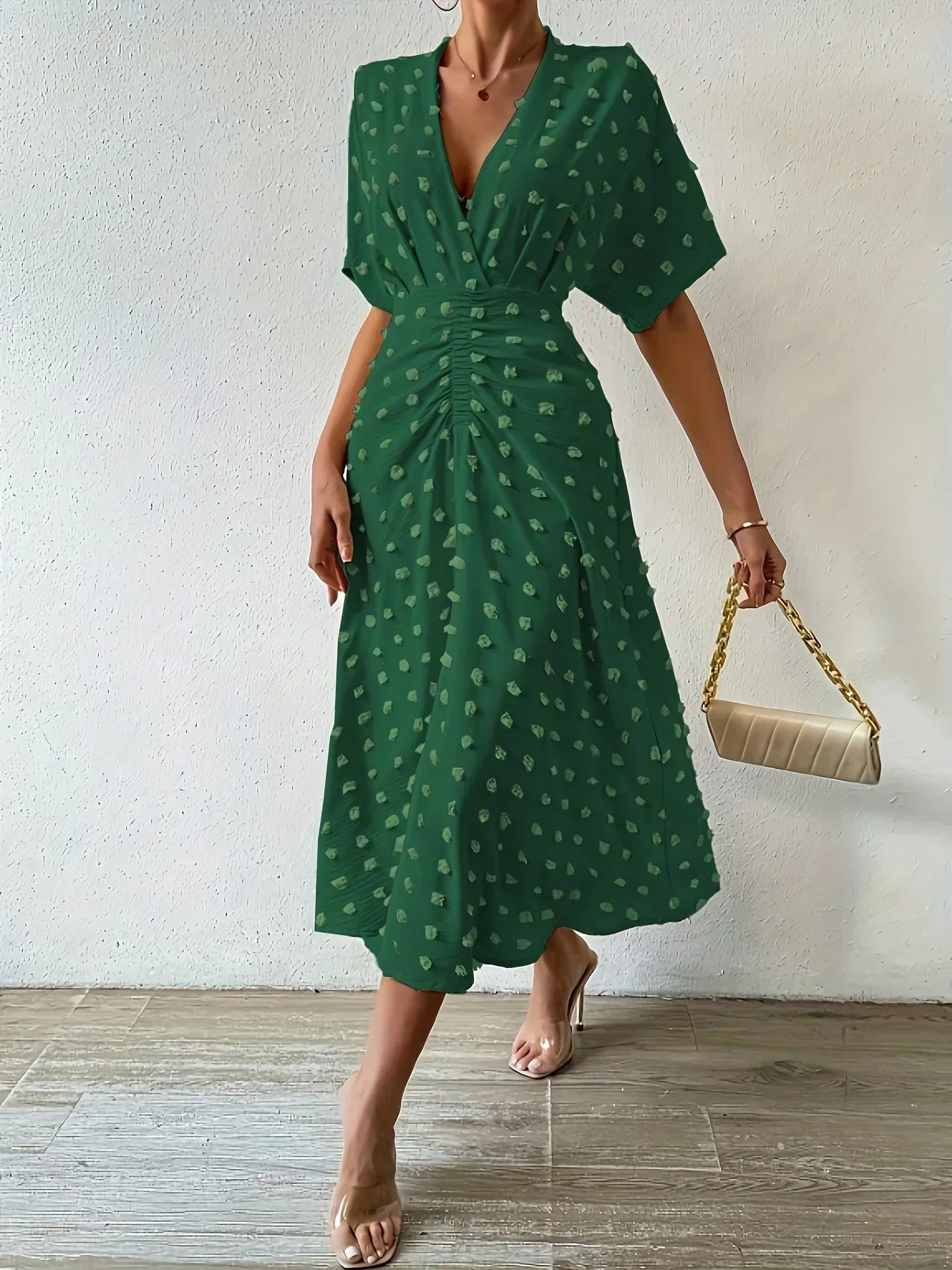 Swiss Dot Flutter Sleeve Pleated Back A-Line Midi Dress