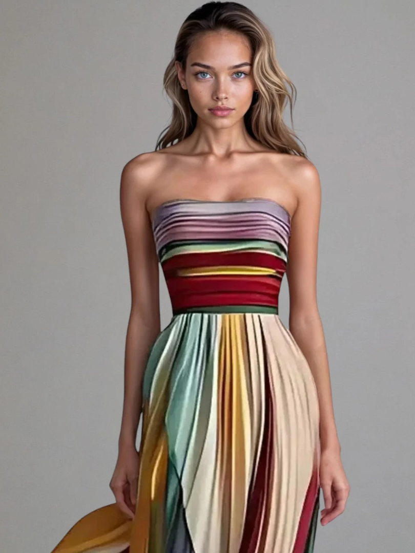 Striped Colorblock Strapless Pleated Maxi Dress
