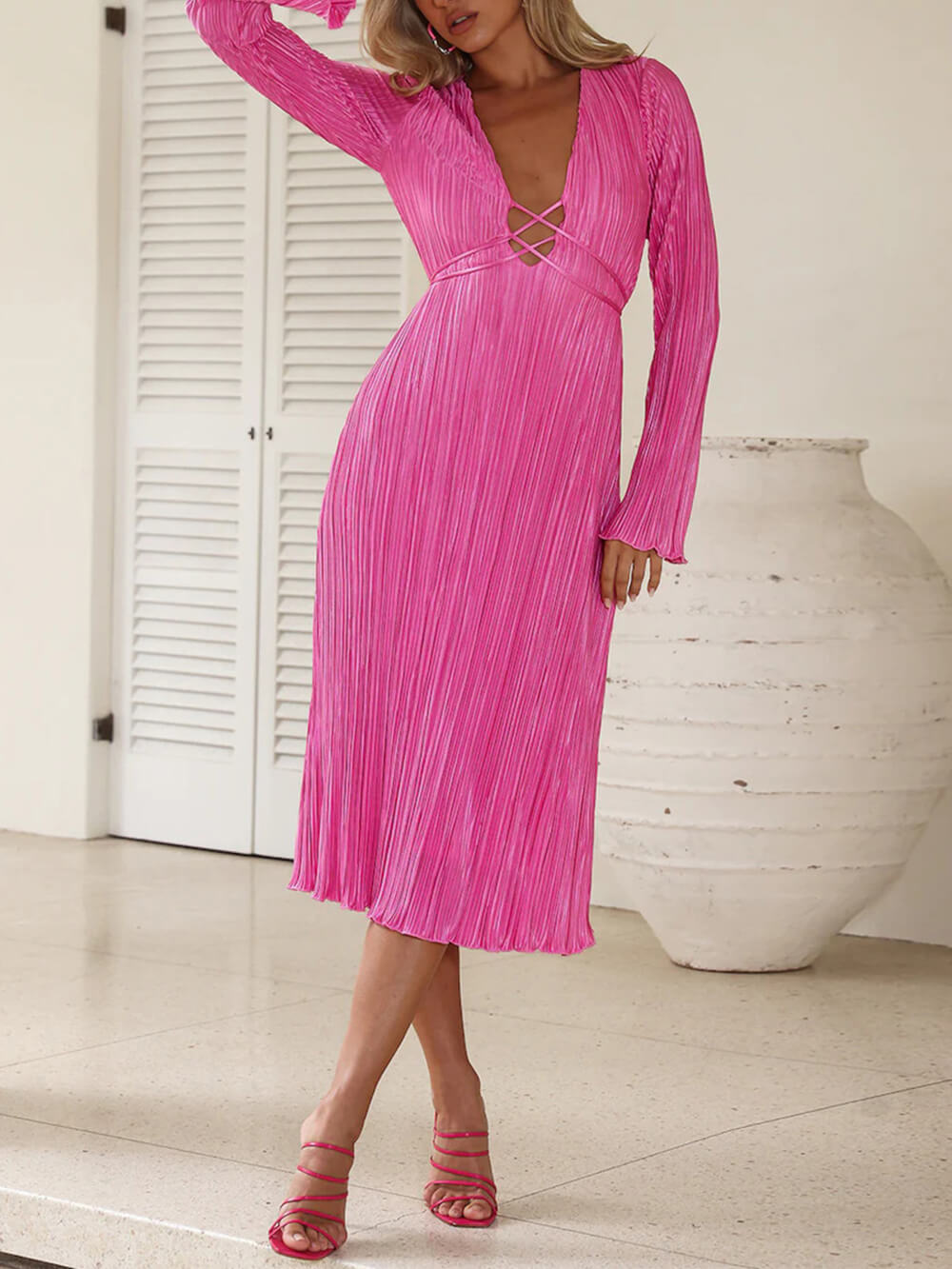 Mountain Vistas Draped Pleated Bell Sleeve Midi Dress