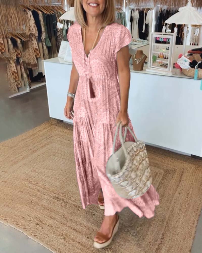 V-Neck Flutter Sleeve Buttoned Tiered Boho Maxi Dress