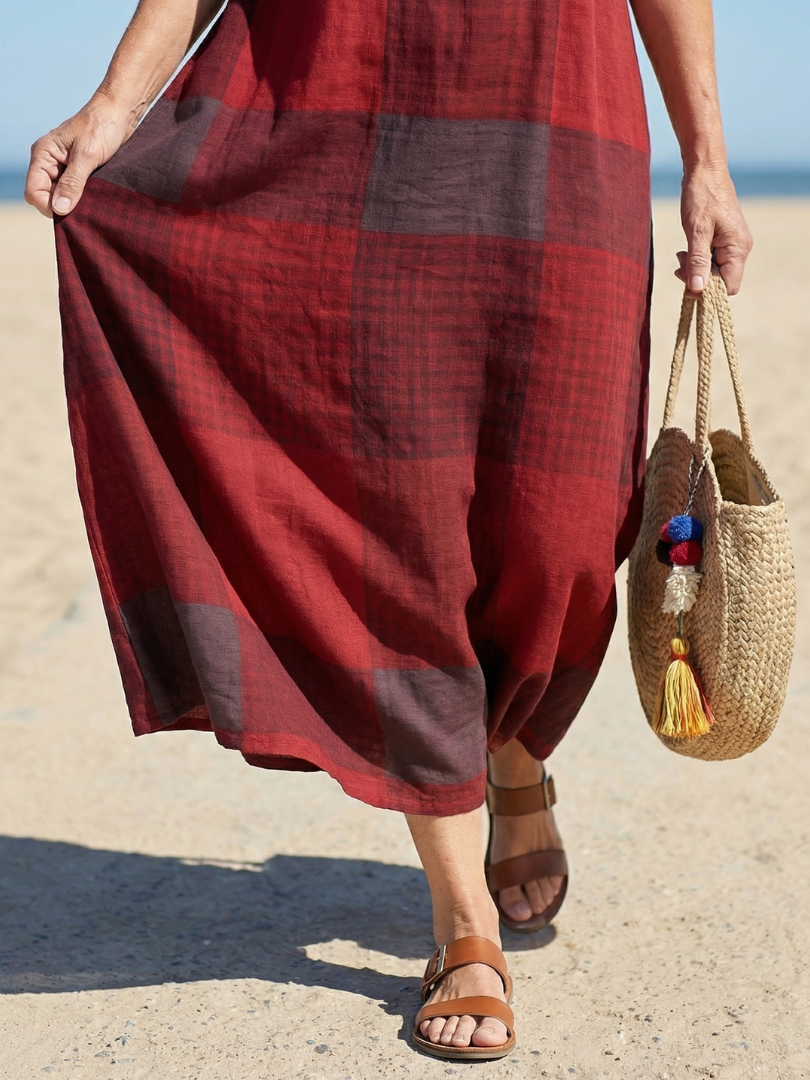Round Neck Short Sleeve Plaid Maxi Dress
