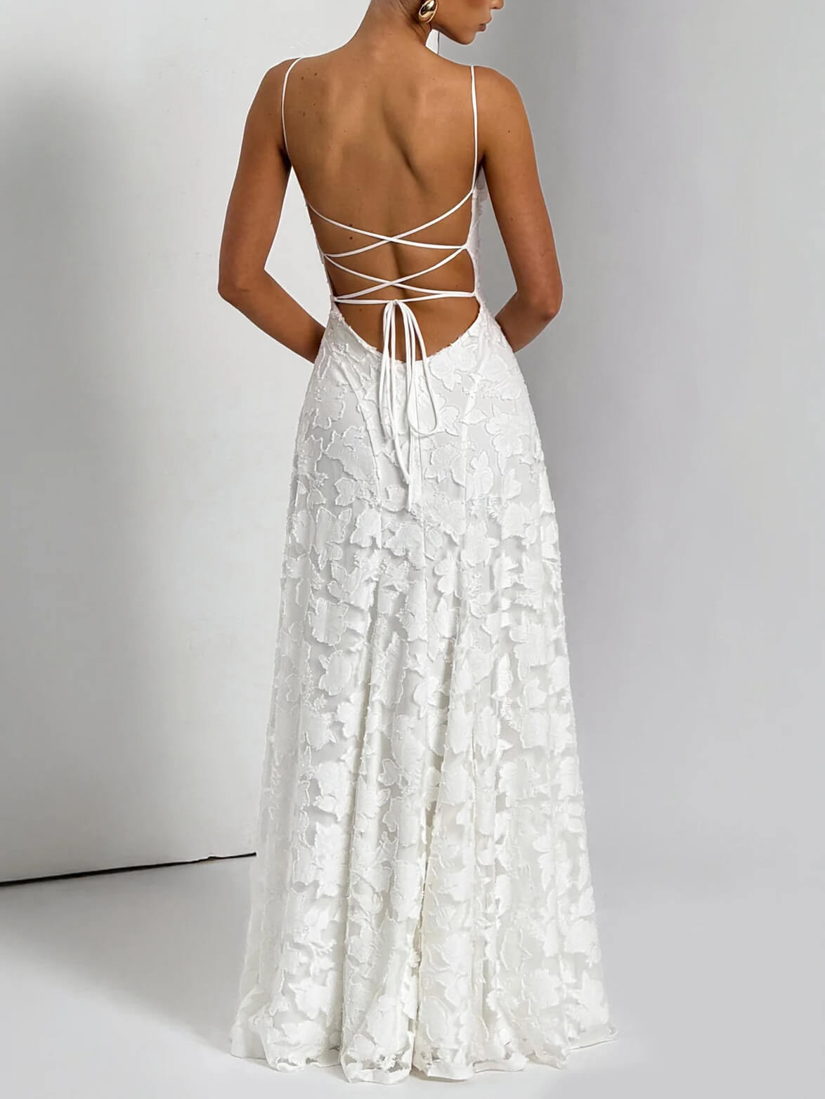 Floral Applique Spaghetti Strap Sleeveless A-Line Maxi Dress