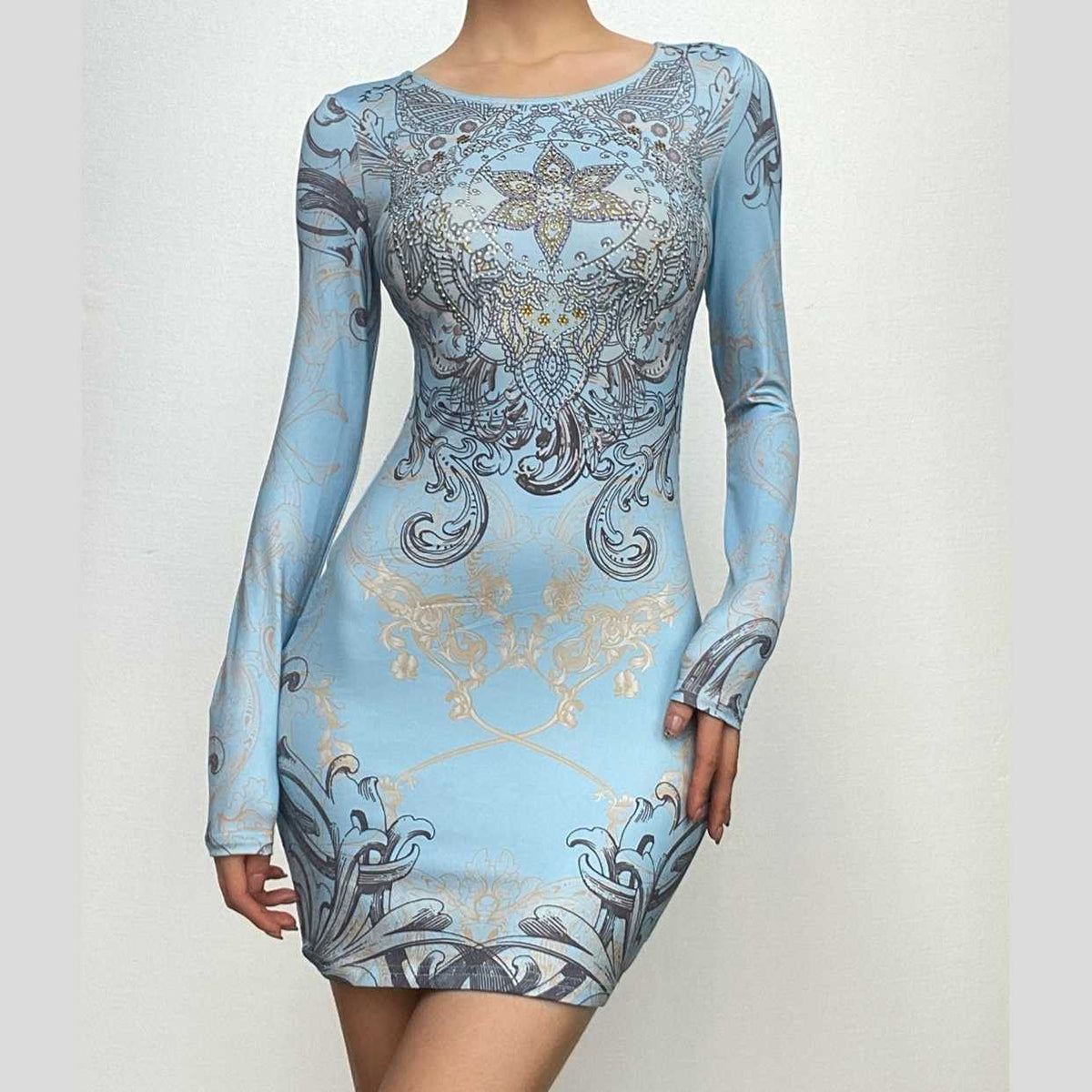 Baroque Print Rhinestone Embellished Long Sleeve Bodycon Mini Dress