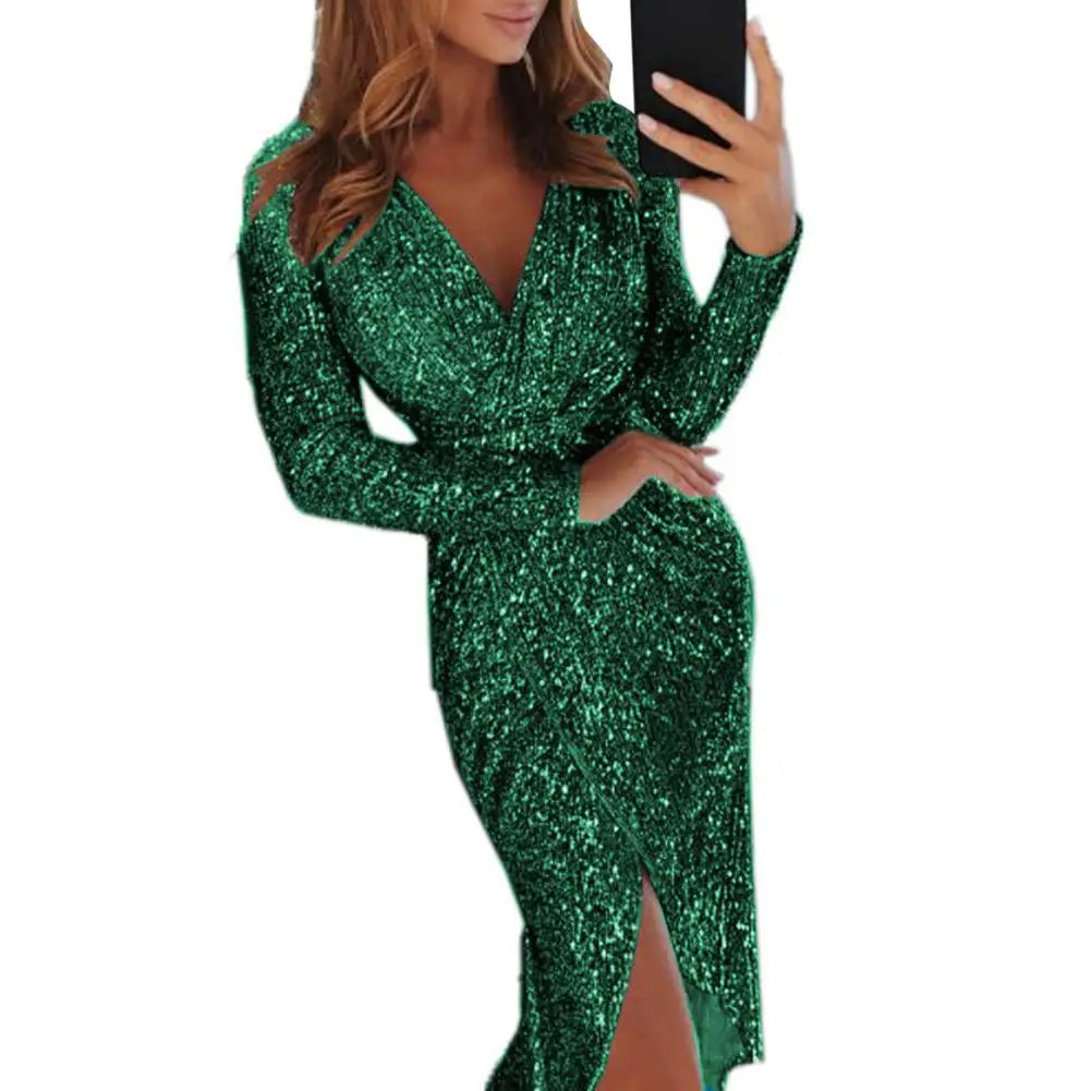 Sequin Deep V-Neck Long Sleeve Ruched Wrap Slit Midi Dress