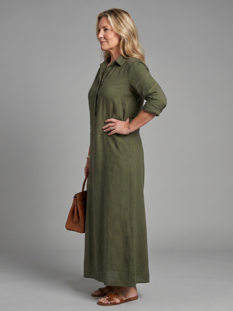 Collared Button Placket Long Sleeve Shirt Maxi Dress