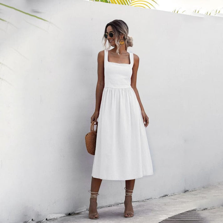 Sleeveless Square Neck Smocked Back A-Line Midi Summer Dress