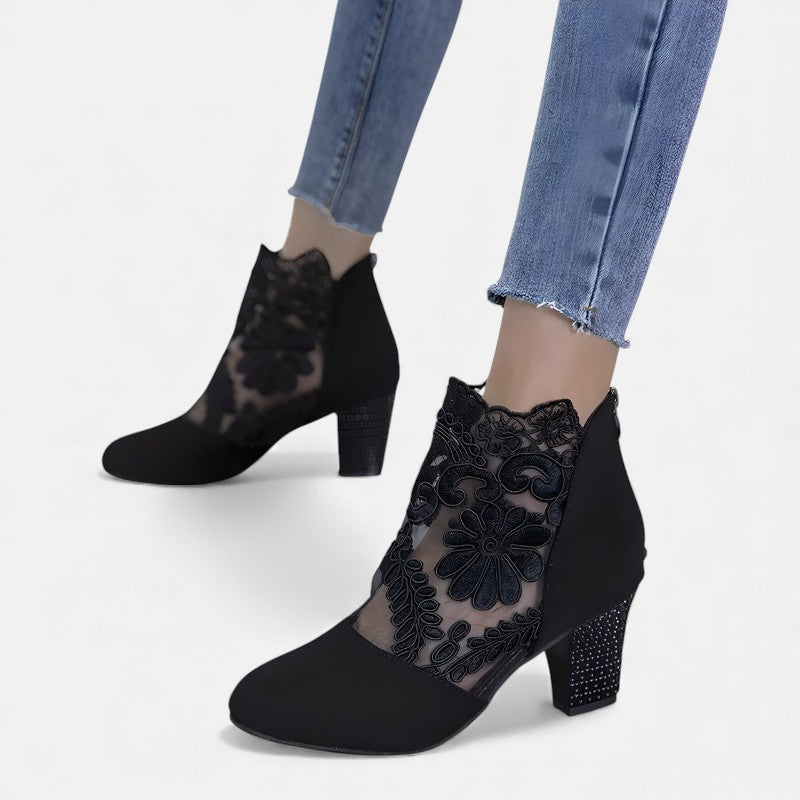Floral Lace Mesh Panel Studded Block Heel Ankle Boots