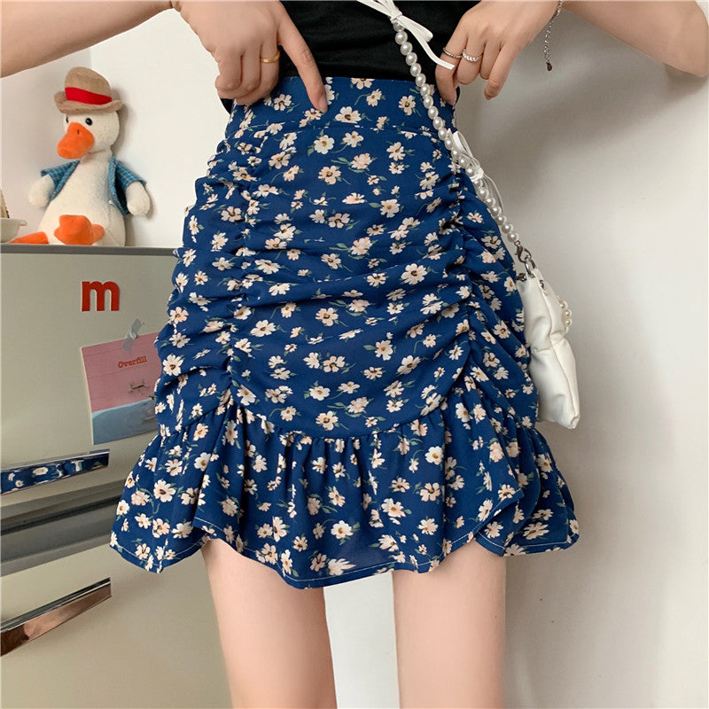 Flowers Pattern Folds Sexy Mini Skirts