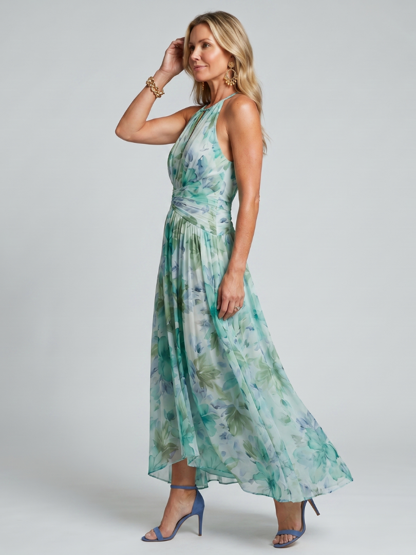 Floral Print Halter Neck Keyhole Pleated Maxi Dress