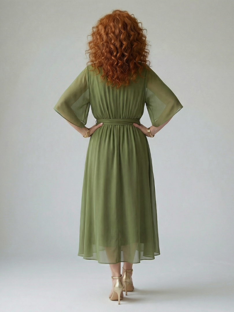 Chiffon V-Neck Kimono Sleeve Belted Ruffle Midi Dress