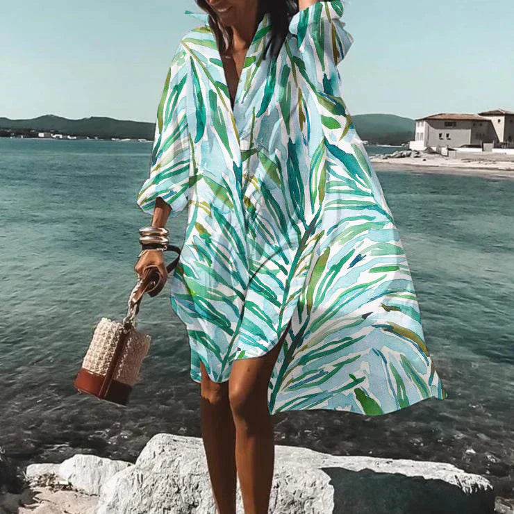 Tropical Floral Print Button Down Collar Long Sleeve Oversized Mini Shirt Dress