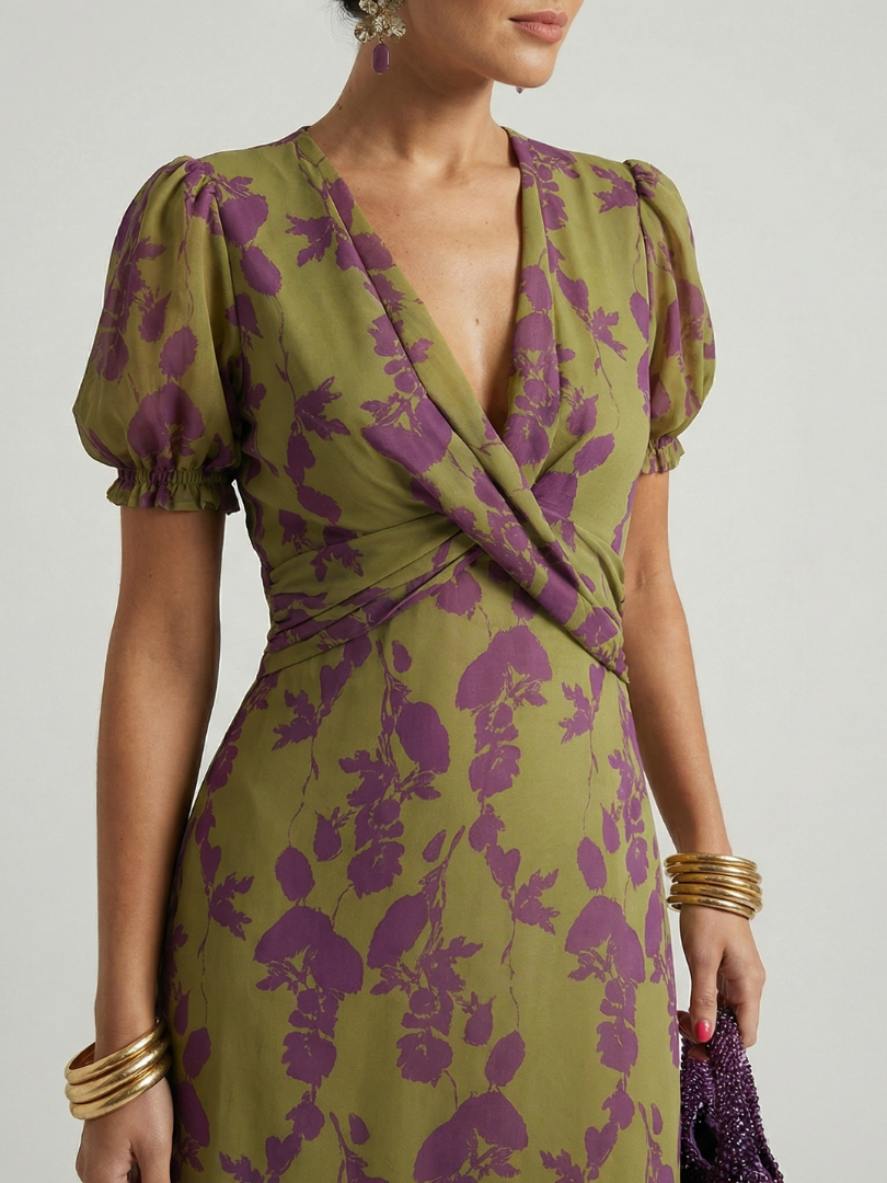Floral Print V-Neck Puff Sleeve Wrap Midi Dress