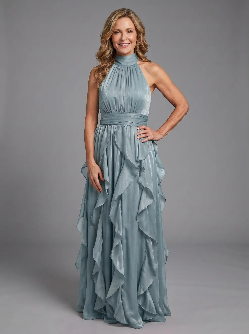 Halter Neck Cascade Ruffle Chiffon Maxi Gown