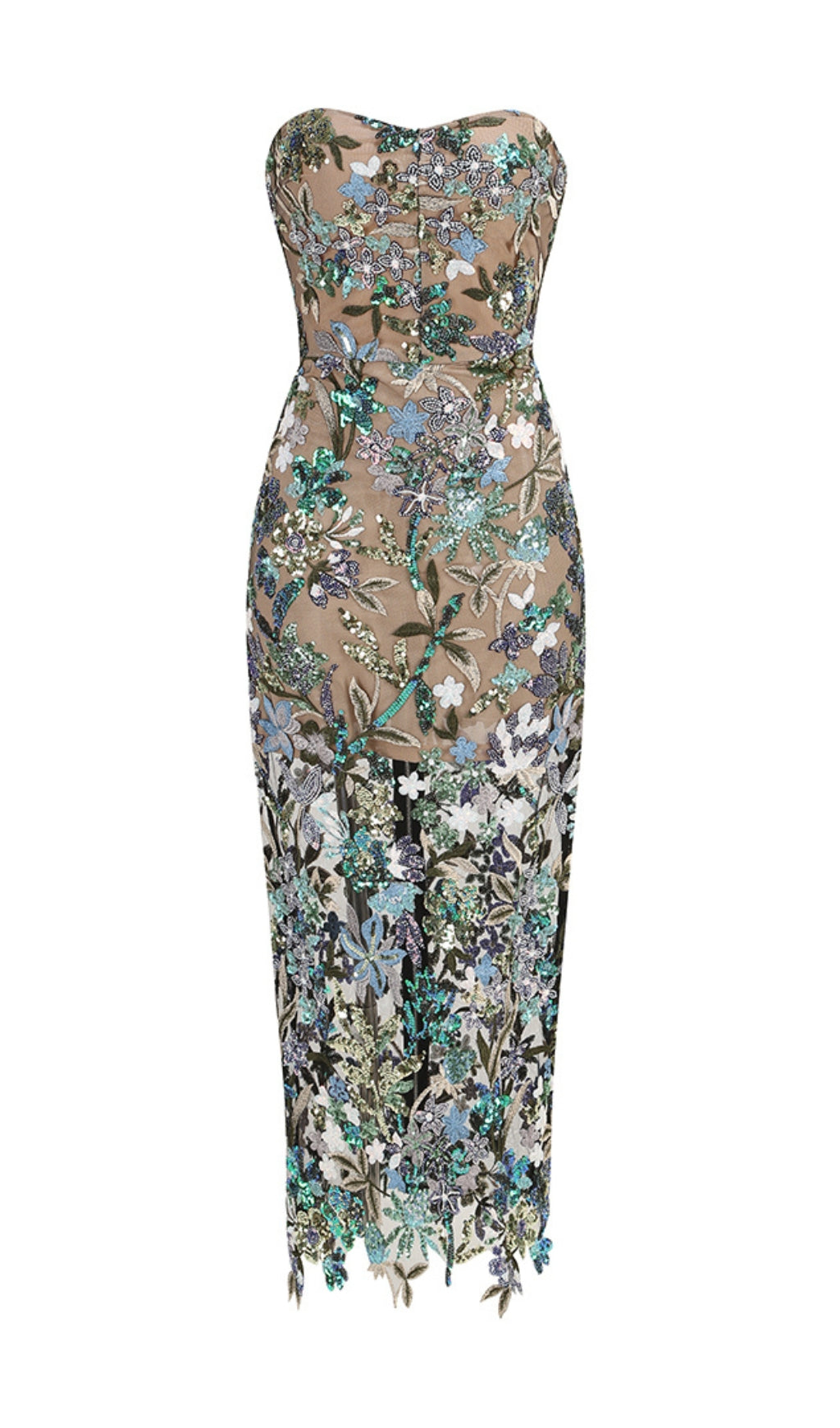 Strapless Floral Sequin Embroidered Mesh Column Maxi Dress 7