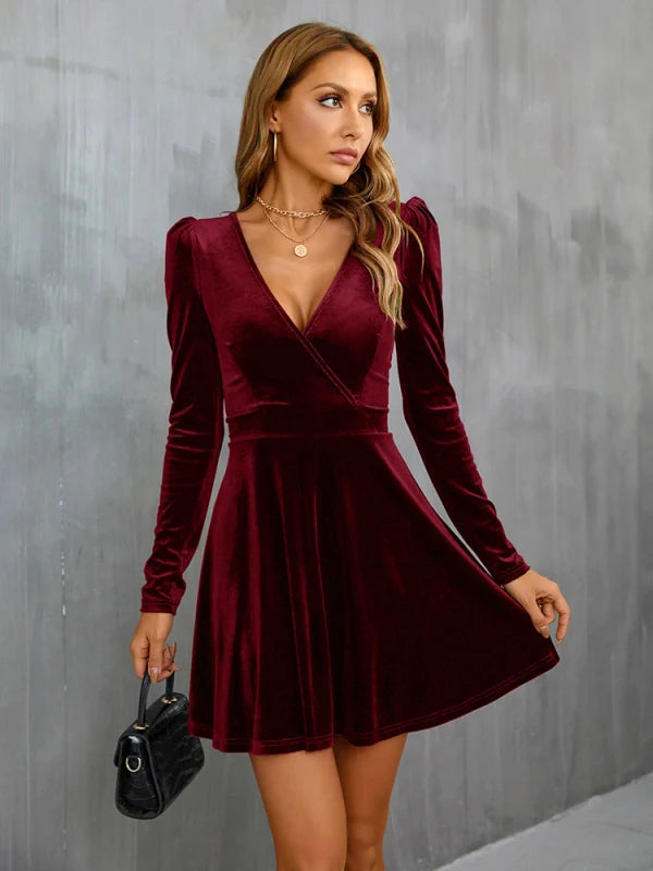 Velvet Deep V-Neck Wrap Front Puff Shoulder Long Sleeve Fit and Flare Mini Dress