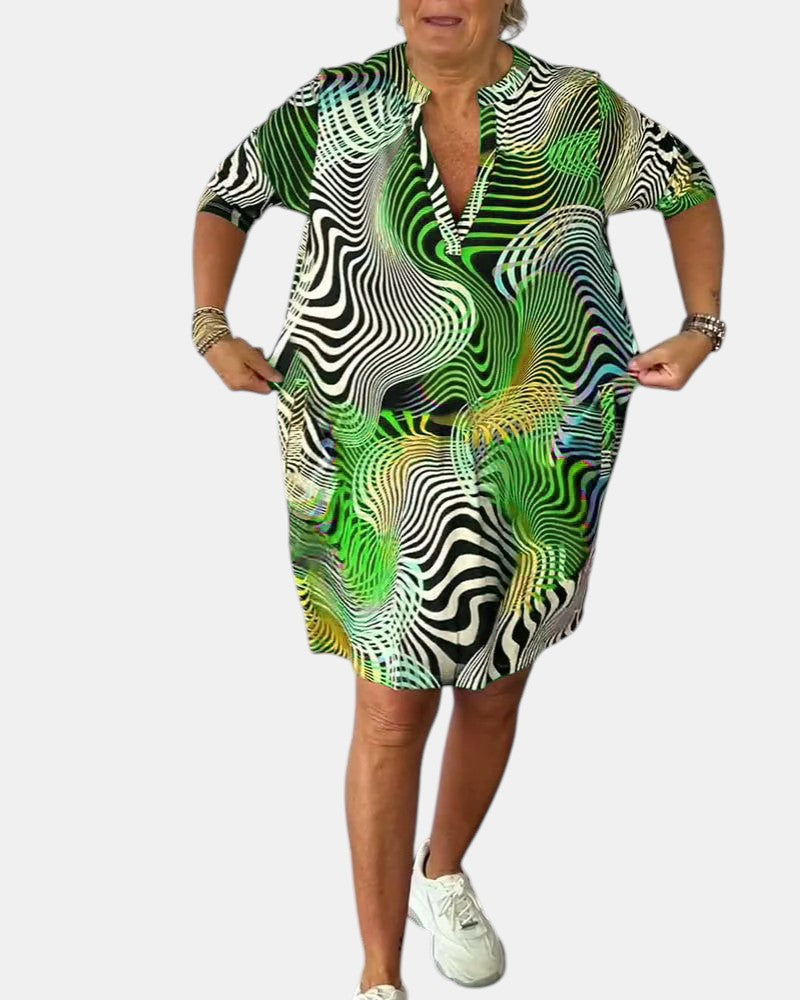 Abstract Print V-Neck Roll Sleeve Shirt Dress