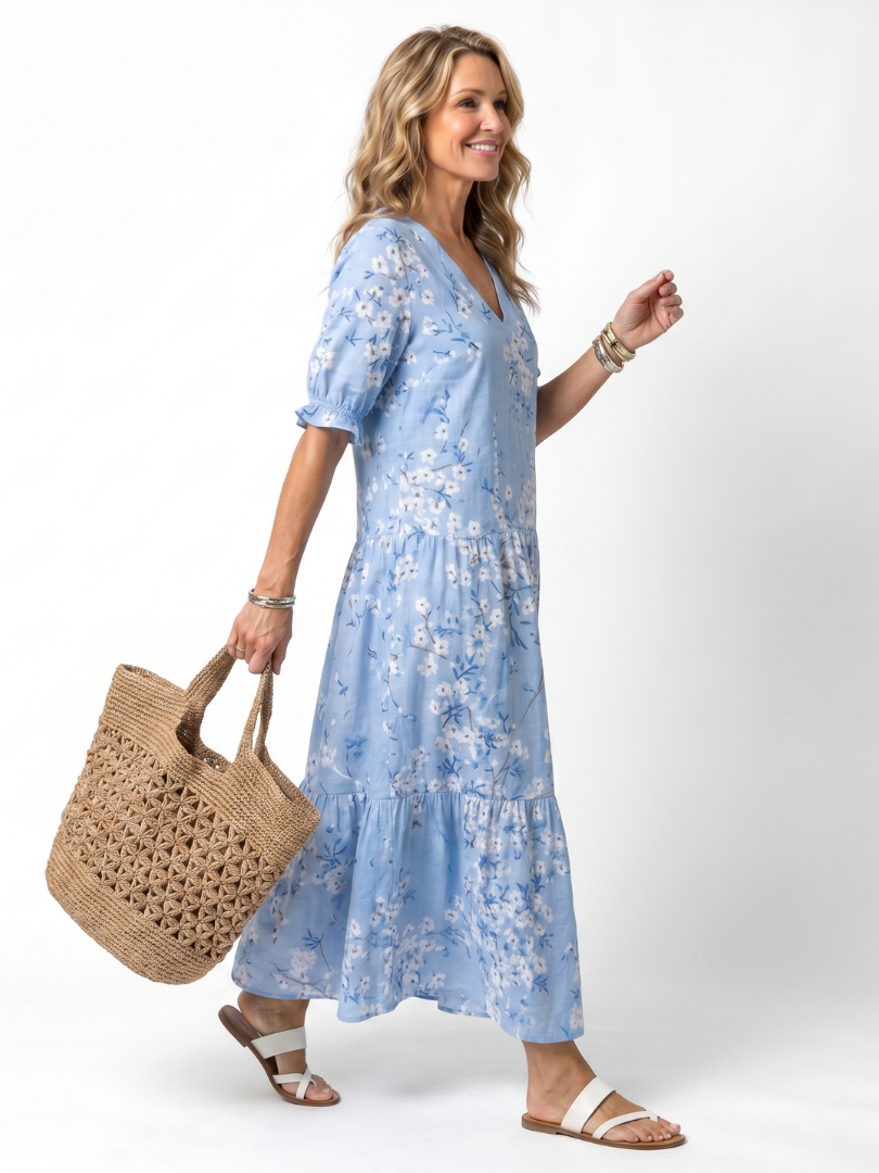 Floral Print V-Neck Puff Sleeve Tiered Maxi Dress