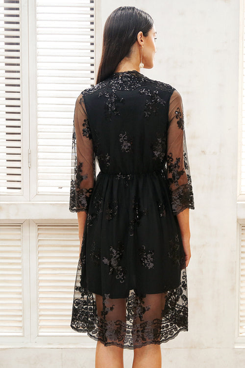 Sequin Floral Deep V-Neck Long Sleeve Wrap Mini Dress
