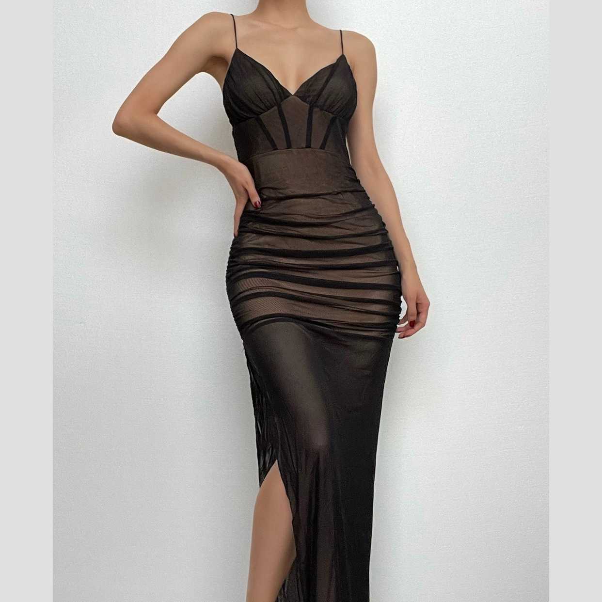 Mesh v neck ruched slit zip-up spaghetti strap maxi dress 3