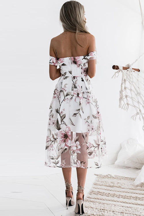 Tulle Floral Embroidered Off Shoulder Midi Dress