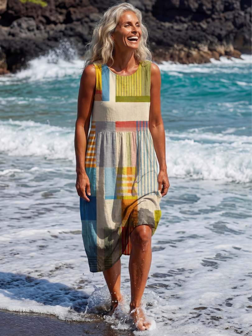 Patchwork Stripe Sleeveless Tiered Midi Dress